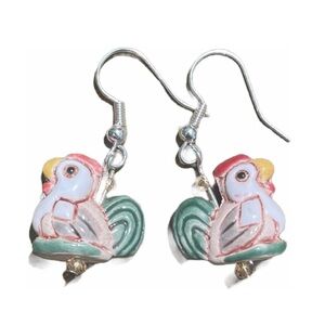 Chicken porcelain earrings. Hand painted. Crystal  adorable.